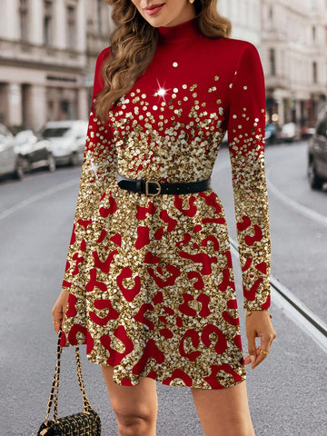 Funnel Neck Plaid Sleeve Dress Without Belt, Casual Simple Style For Women, Suitable For