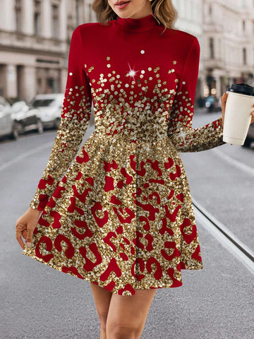 Funnel Neck Plaid Sleeve Dress Without Belt, Casual Simple Style For Women, Suitable For