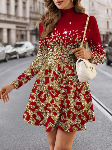 Funnel Neck Plaid Sleeve Dress Without Belt, Casual Simple Style For Women, Suitable For