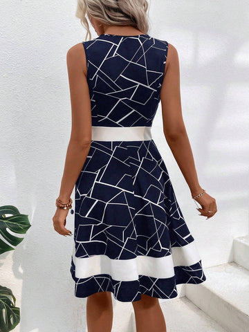 Geo Print A-Line Dress Black Dress