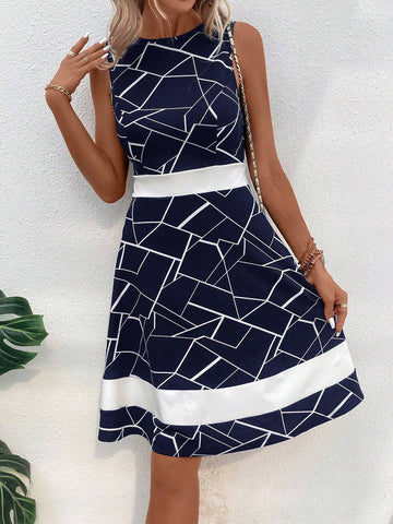 Geo Print A-Line Dress Black Dress