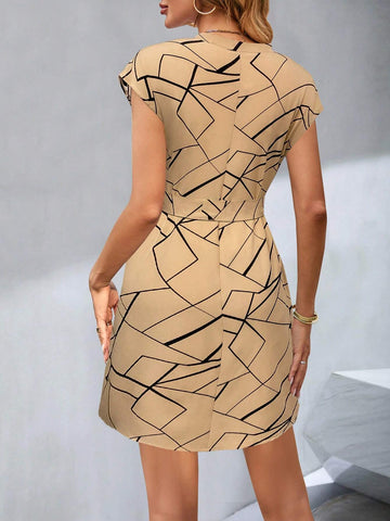 Geo Print Batwing Sleeve Belted Dress For Summer