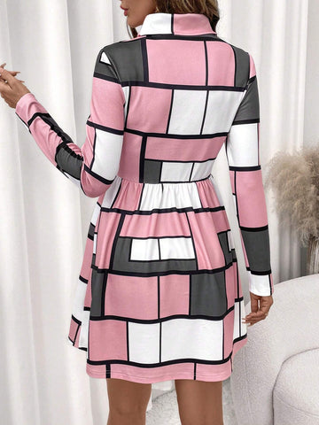 Geometric Print Mock Neck Waist Cinched Short Dress For Women