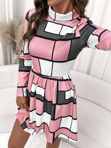 Geometric Print Mock Neck Waist Cinched Short Dress For Women