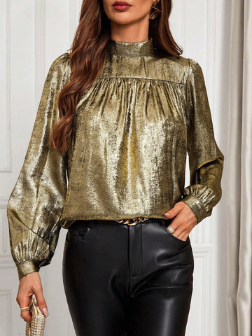 Clasi Glossy Ruched Stand Collar Women's Long Sleeve Blouse