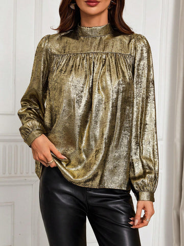 Clasi Glossy Ruched Stand Collar Women's Long Sleeve Blouse