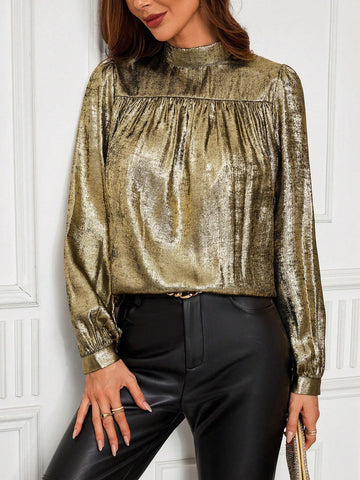 Clasi Glossy Ruched Stand Collar Women's Long Sleeve Blouse