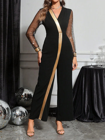 Gold Sequin Trim V-Neck Long Sleeve Jumpsuit For Women