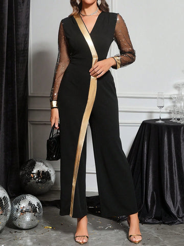 Gold Sequin Trim V-Neck Long Sleeve Jumpsuit For Women