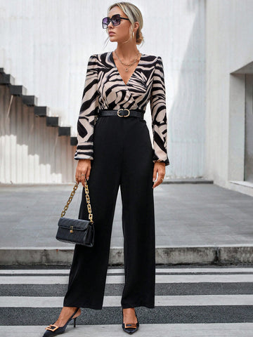 Graphic Print Lantern Sleeve Wide Leg Jumpsuit Without Belt