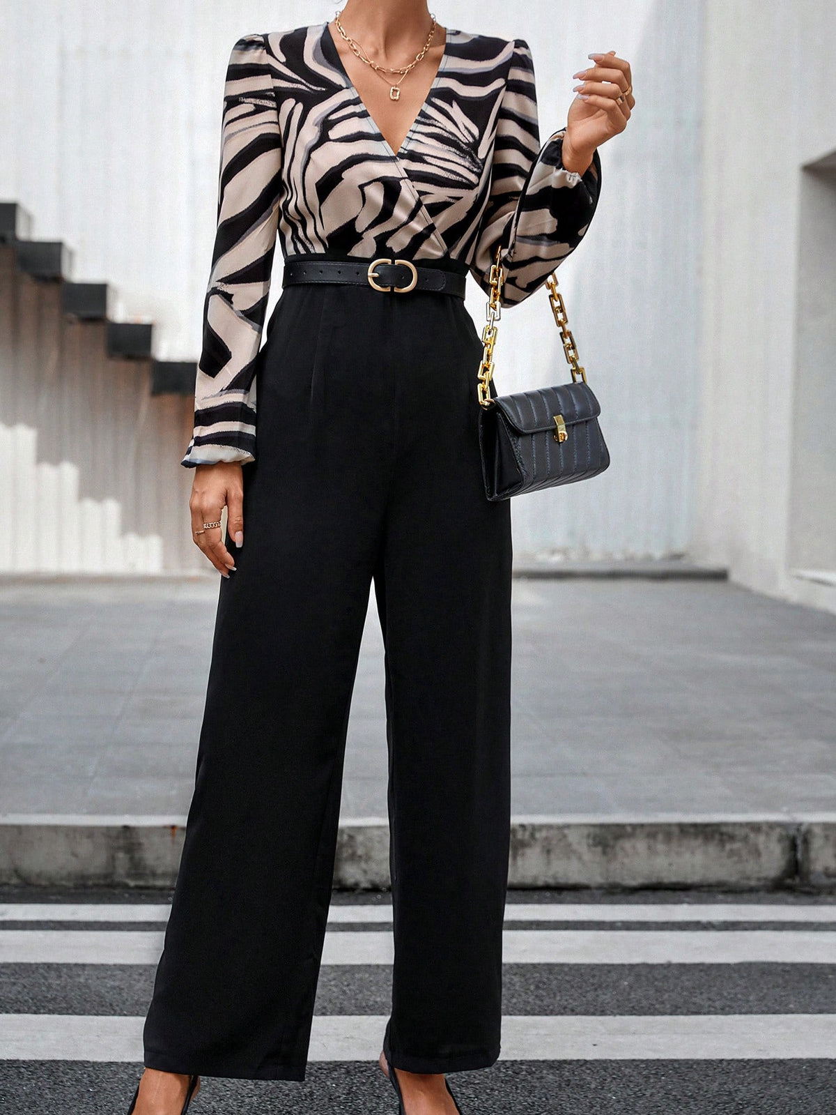 Graphic Print Lantern Sleeve Wide Leg Jumpsuit Without Belt