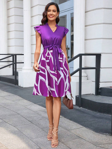 Graphic Print Notched Neckline Butterfly Sleeve Belted Dress Ruffle Skirt