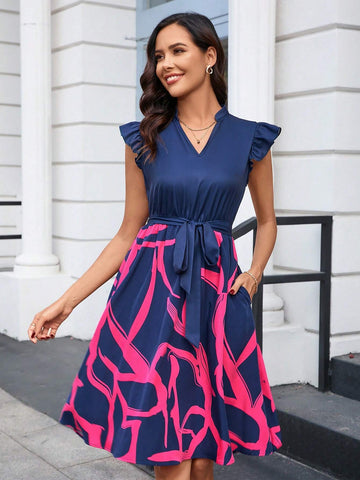 Graphic Print Notched Neckline Butterfly Sleeve Belted Dress Ruffle Skirt