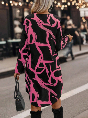 Graphic Print Roll Tab Sleeve High Low Hem Dress