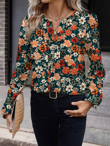 Green Retro Printed V-Neck Long Sleeve Fitted Ladies Shirt, Suitable For Autumn/Winter