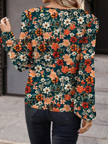 Green Retro Printed V-Neck Long Sleeve Fitted Ladies Shirt, Suitable For Autumn/Winter