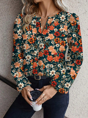 Green Retro Printed V-Neck Long Sleeve Fitted Ladies Shirt, Suitable For Autumn/Winter
