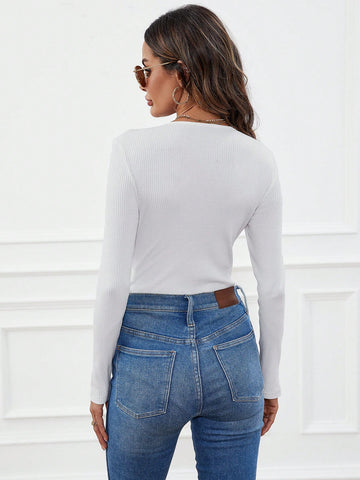 Guipure Lace Trim Plunging Neck Bodysuit