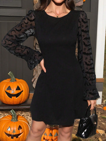 Halloween Fitted Bat Flocked Short Mini Dress For Women