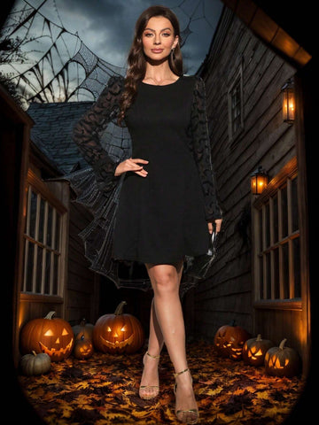 Halloween Fitted Bat Flocked Short Mini Dress For Women