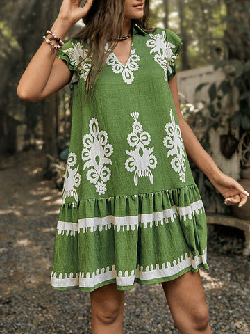 Halter Neckline Allover Print Ruffled Hemline Full-Length Sun Dress For Casual & Holiday Occasions,