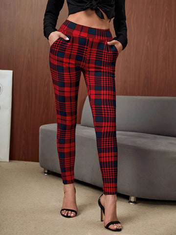 Clasi High Waist Plaid Slant Pockets Skinny Pants