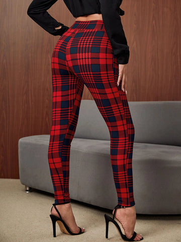 Clasi High Waist Plaid Slant Pockets Skinny Pants