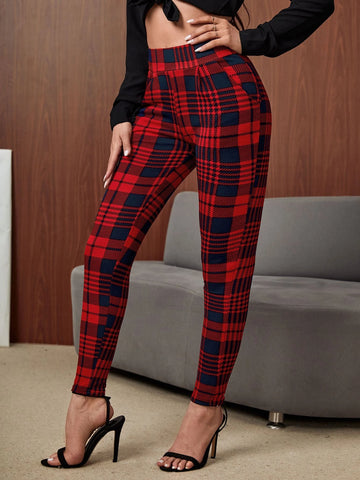 Clasi High Waist Plaid Slant Pockets Skinny Pants