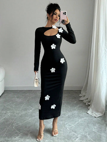 Hollow Floral Design Sexy Women Dress