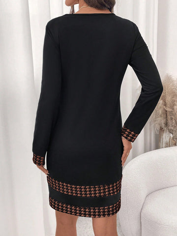 Houndstooth Print Long Sleeve Mini Dress, Elegant Romantic Socialite Fitted Dress For Everyday