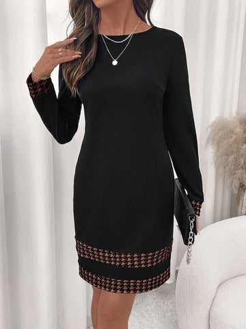 Houndstooth Print Long Sleeve Mini Dress, Elegant Romantic Socialite Fitted Dress For Everyday