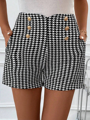 Clasi Irregular Waistline Metal Button A-Line Thick Tweed Shorts