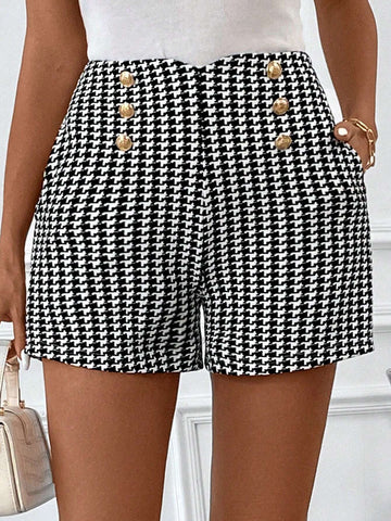 Clasi Irregular Waistline Metal Button A-Line Thick Tweed Shorts