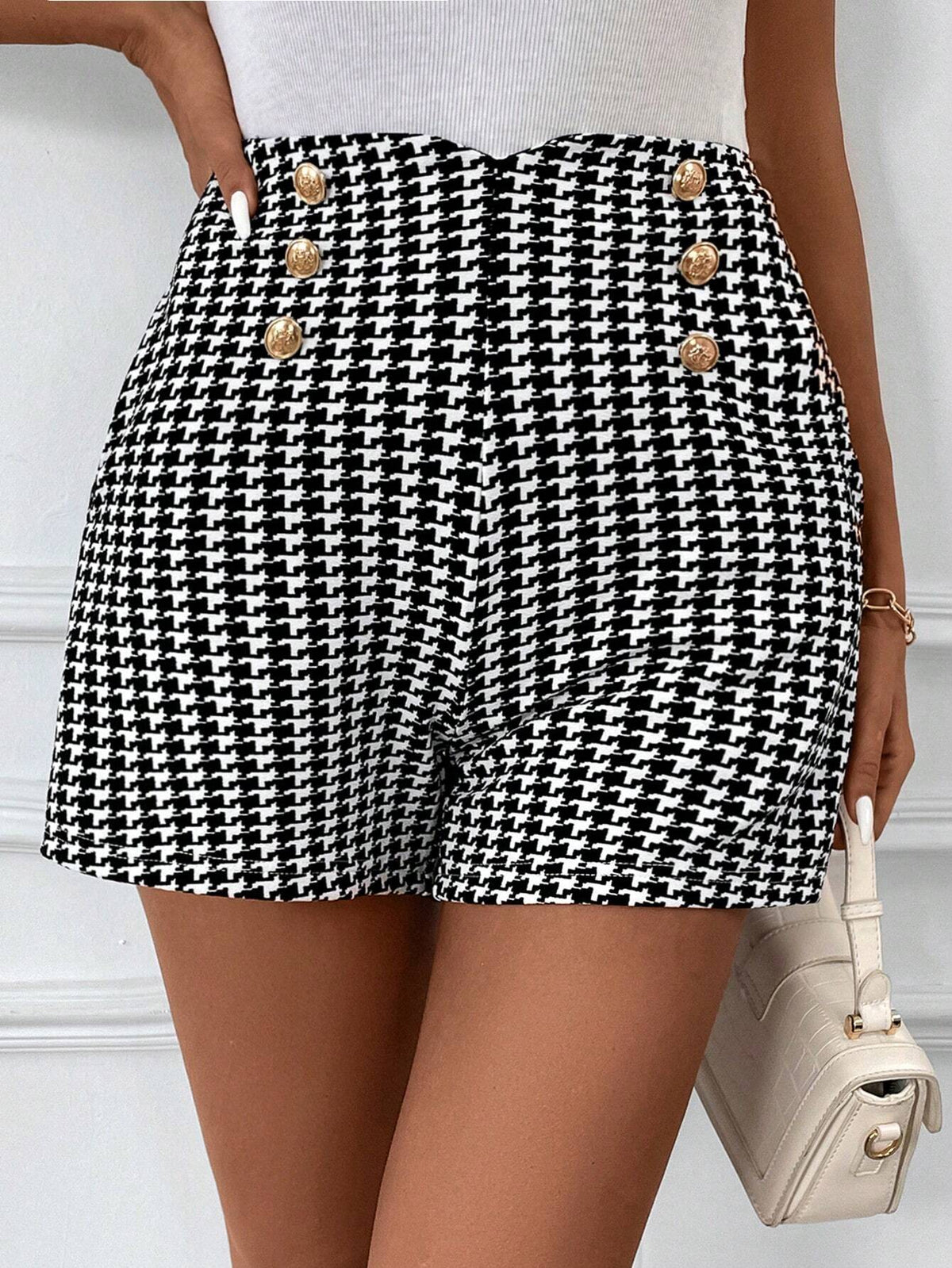 Clasi Irregular Waistline Metal Button A-Line Thick Tweed Shorts