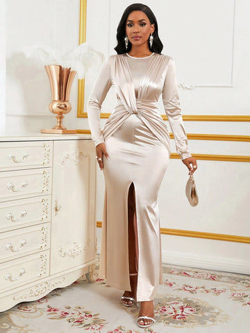 Knit Satin Pleated Slit Mermaid Bodycon Sexy Dress For Women