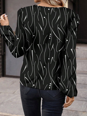 Clasi Ladies' Casual Polka Dot & Striped Round Neck Long Sleeve Shirt, Suitable For Spring & Autumn