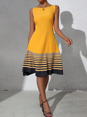 Ladies Commute Minimalist Colorblock Stripe Sleeveless Dress
