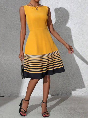 Ladies Commute Minimalist Colorblock Stripe Sleeveless Dress