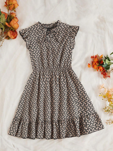 Ladies Crisscross Front Cap Sleeve A-Line Dress With Contrast Trim Waistband