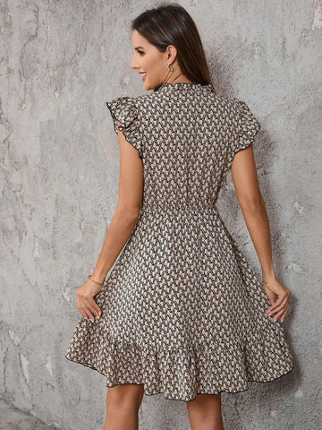 Ladies Crisscross Front Cap Sleeve A-Line Dress With Contrast Trim Waistband