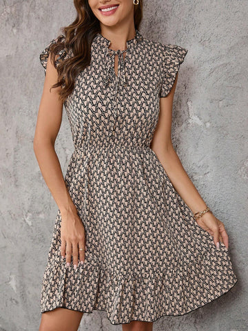 Ladies Crisscross Front Cap Sleeve A-Line Dress With Contrast Trim Waistband