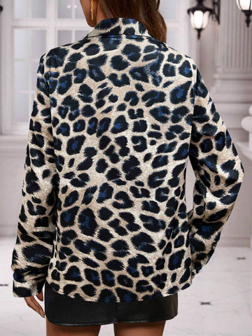 Clasi Ladies Elegant Chiffon Vintage Leopard Print Long Sleeve Blouse,