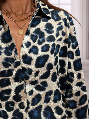 Clasi Ladies Elegant Chiffon Vintage Leopard Print Long Sleeve Blouse,