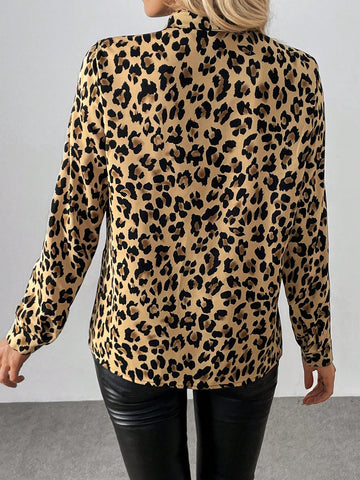 Clasi Ladies Elegant Commuter Loose V-Neck Leopard Print Cuffed Open Slit Multicolor Blouse