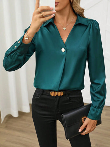 Clasi Ladies Elegant Commuting Long Sleeve Lapel Satin Solid Color Blouse