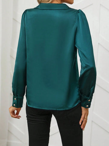 Clasi Ladies Elegant Commuting Long Sleeve Lapel Satin Solid Color Blouse