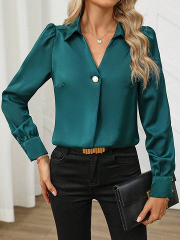 Clasi Ladies Elegant Commuting Long Sleeve Lapel Satin Solid Color Blouse