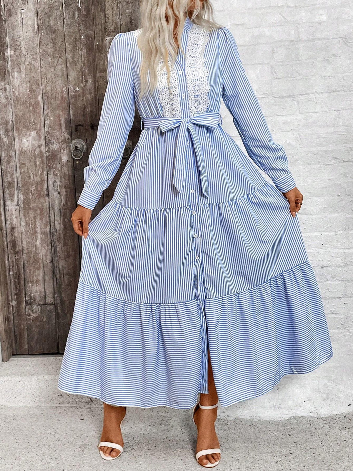 Ladies' Elegant Loose-Fit Cinching Waist Lace Accent Long Sleeve Shirt Dress With Button Front Design