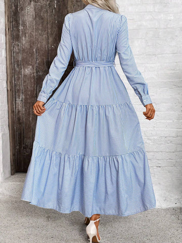 Ladies' Elegant Loose-Fit Cinching Waist Lace Accent Long Sleeve Shirt Dress With Button Front Design