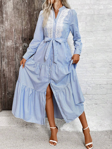 Ladies' Elegant Loose-Fit Cinching Waist Lace Accent Long Sleeve Shirt Dress With Button Front Design